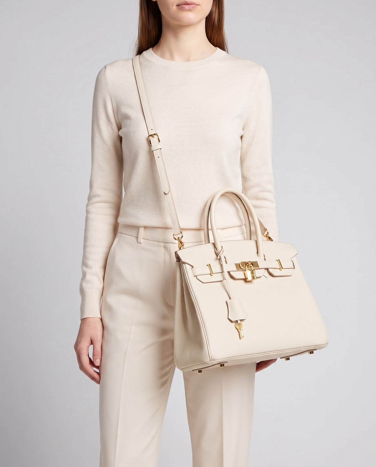 Lock Small leather top-handle bag in Cream – model wearing it crossbody on the detachable shoulder strap