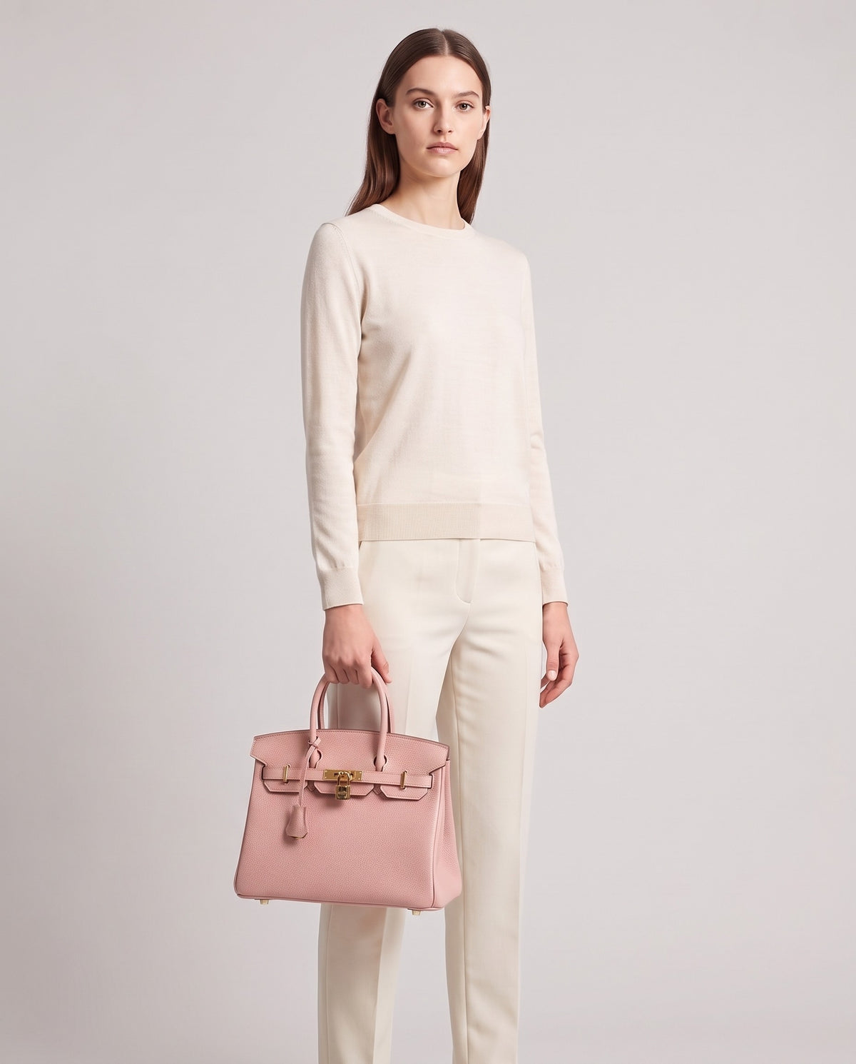 Lock Small leather top-handle bag in Pink – model holding it, full length
