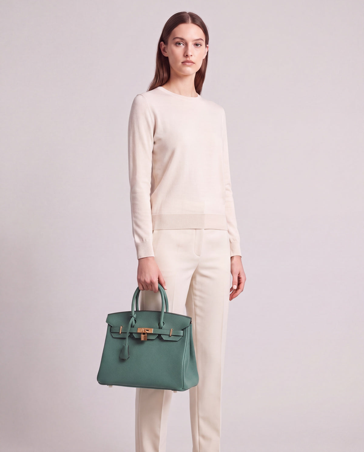 Lock Small leather top-handle bag in Velvet Green – model holding it, full length