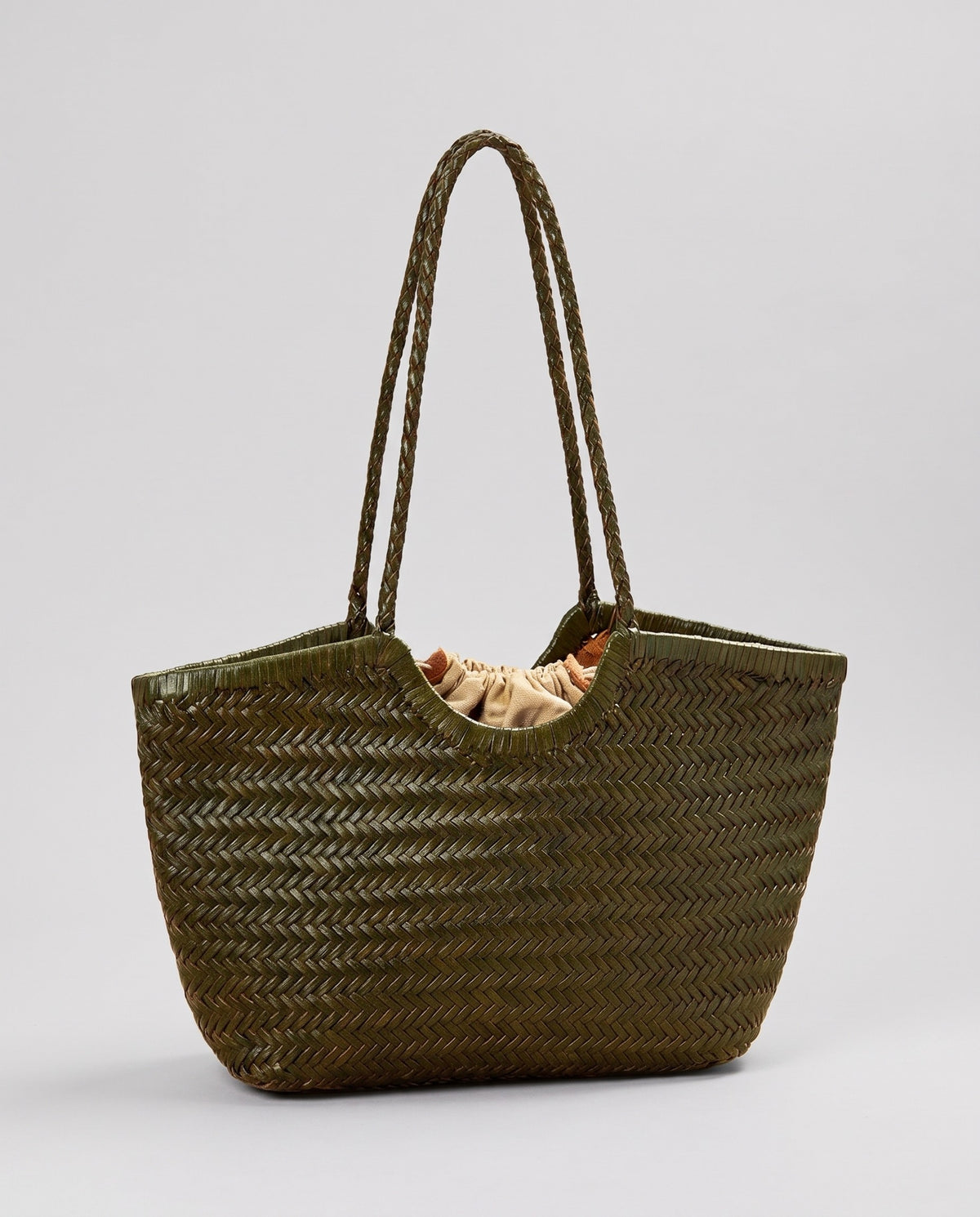 Hardware and handle detail on the Valentina Matera Small bag in Olive