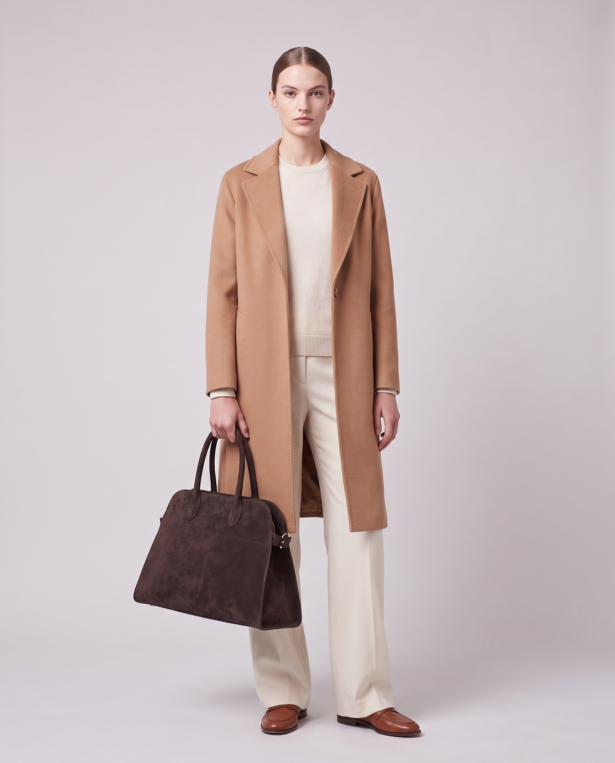 Model holding the Milano Large bag in Espresso brown suede