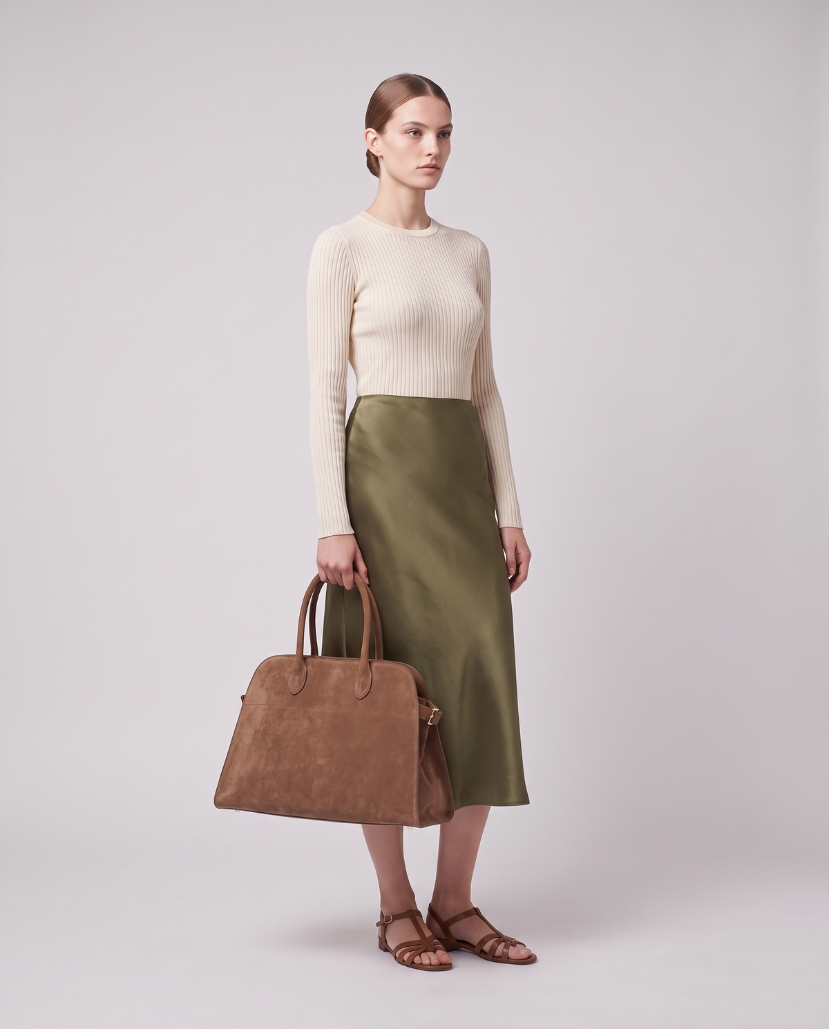 Model holding the Milano Large bag in Mocha suede