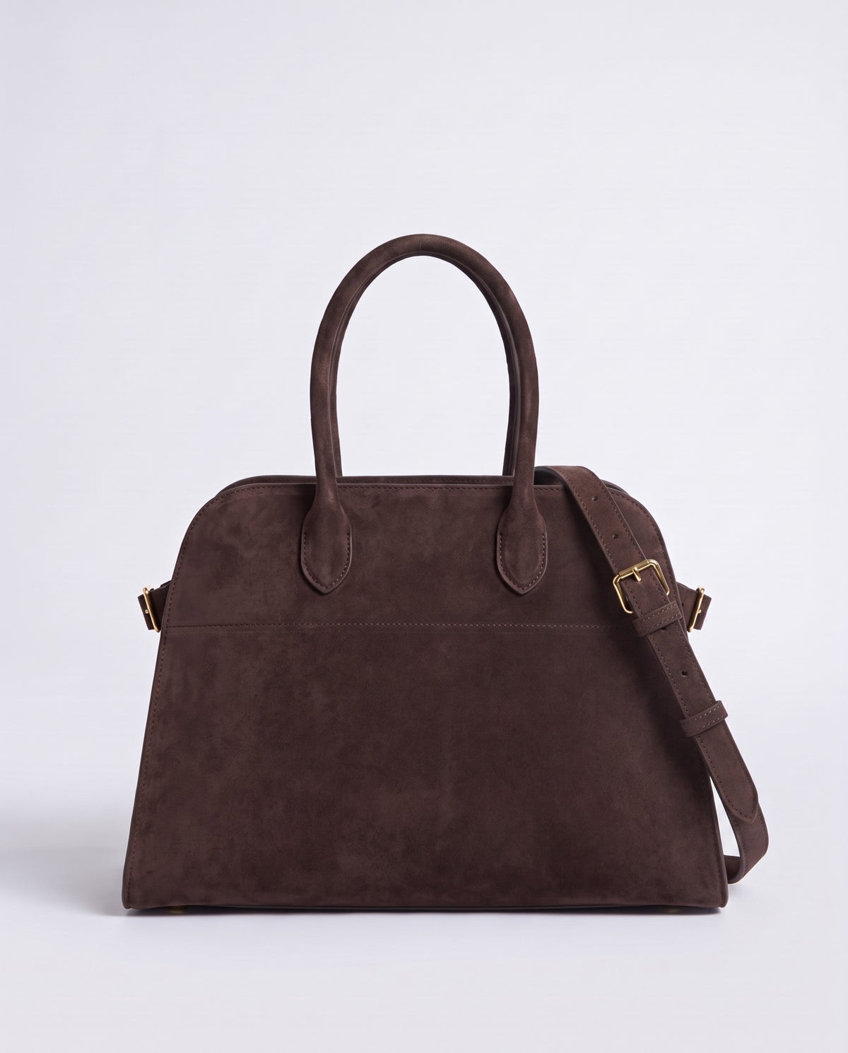 Milano Large slouchy top-handle bag in Espresso brown suede – back view with shoulder strap