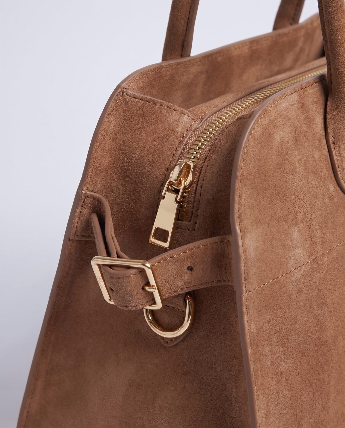Milano Large bag in Mocha suede – gold zip and side buckle detail