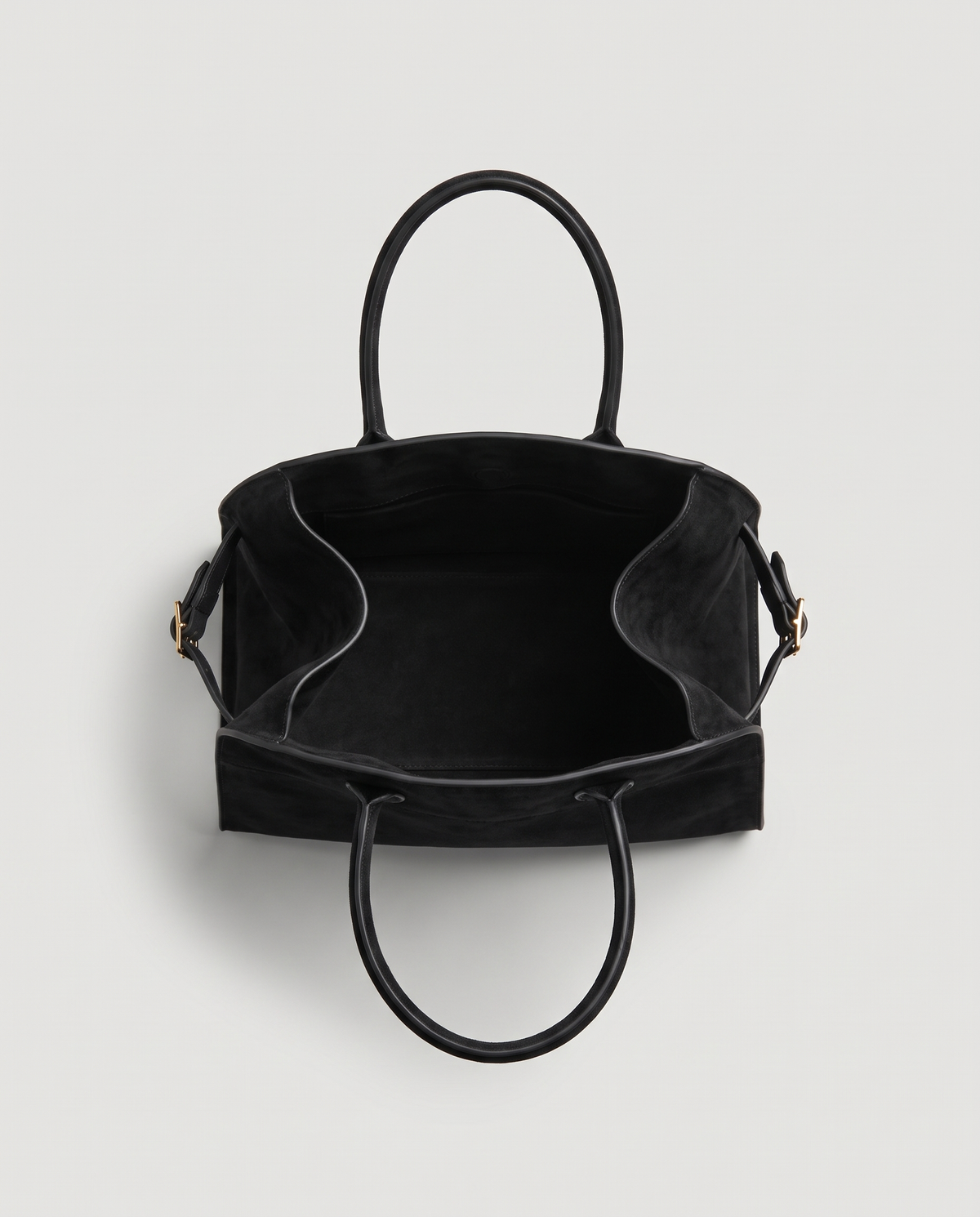 Milano Small top-handle bag in Jet suede – view from above into the open bag