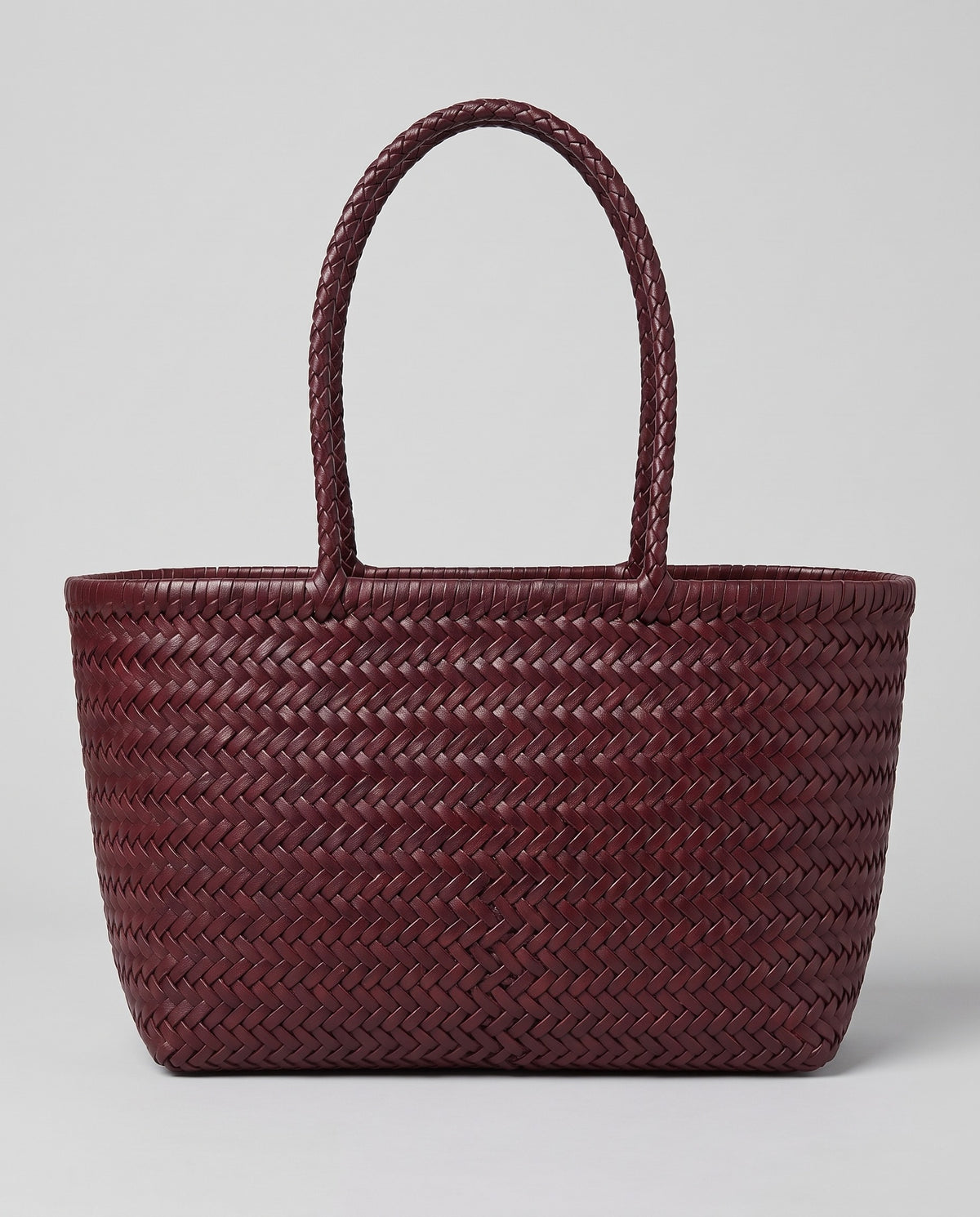 Hardware and handle detail on the Valentina Noto Large bag in Burgundy