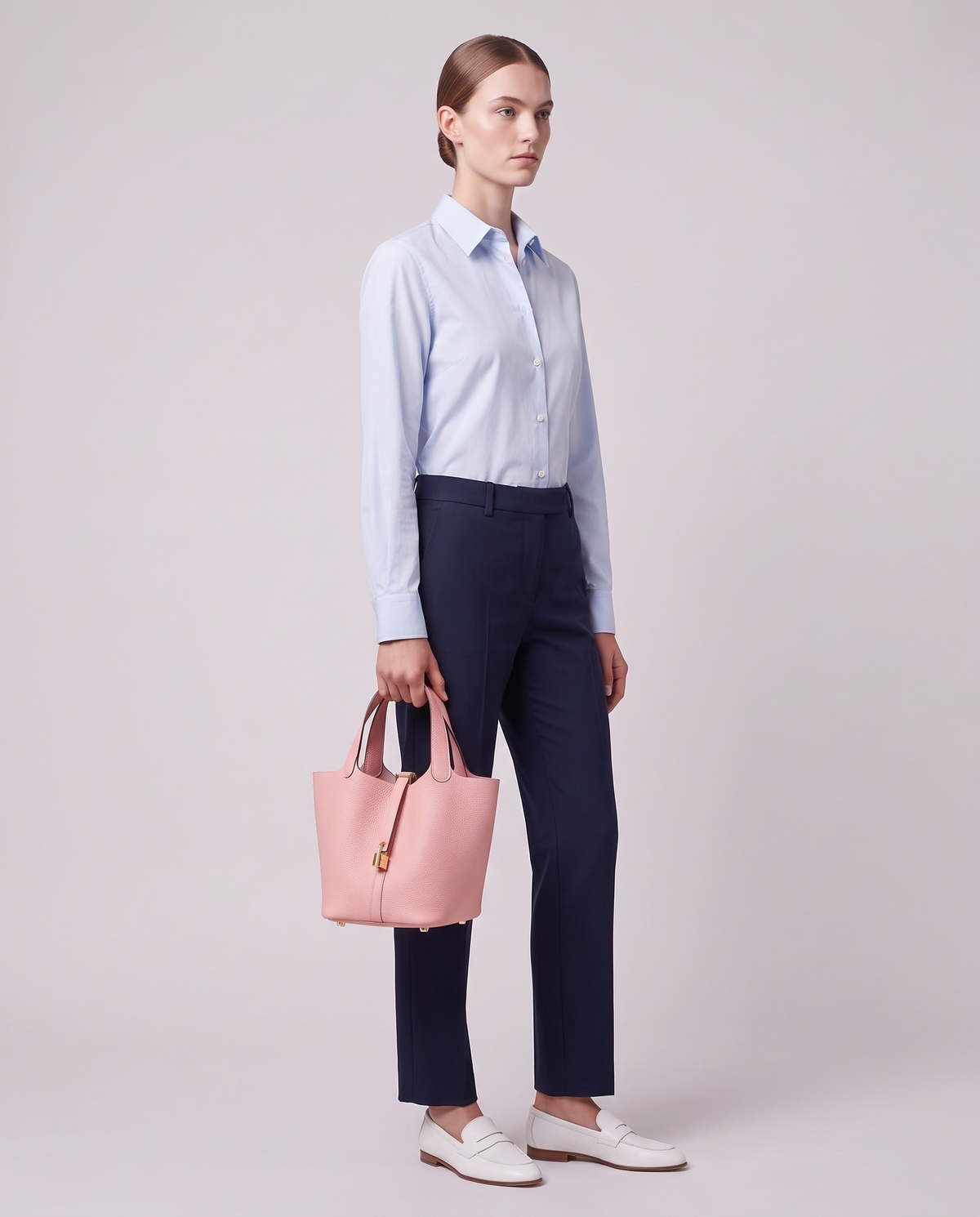 Model carrying the Valentina Ostuni Large bag in Blush