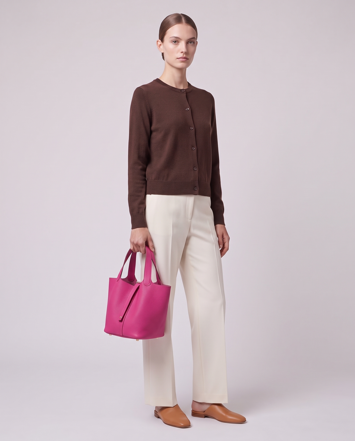 Model carrying the Valentina Ostuni Large bag in Fuchsia