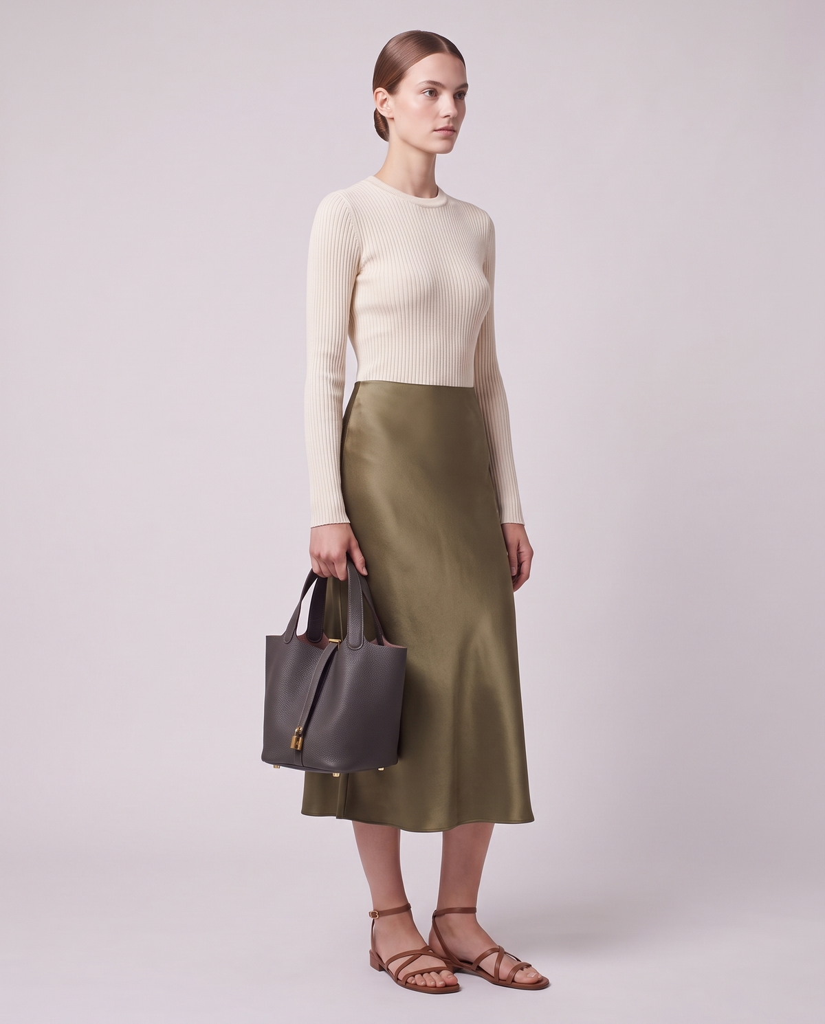 Model carrying the Valentina Ostuni Small bag in Charcoal
