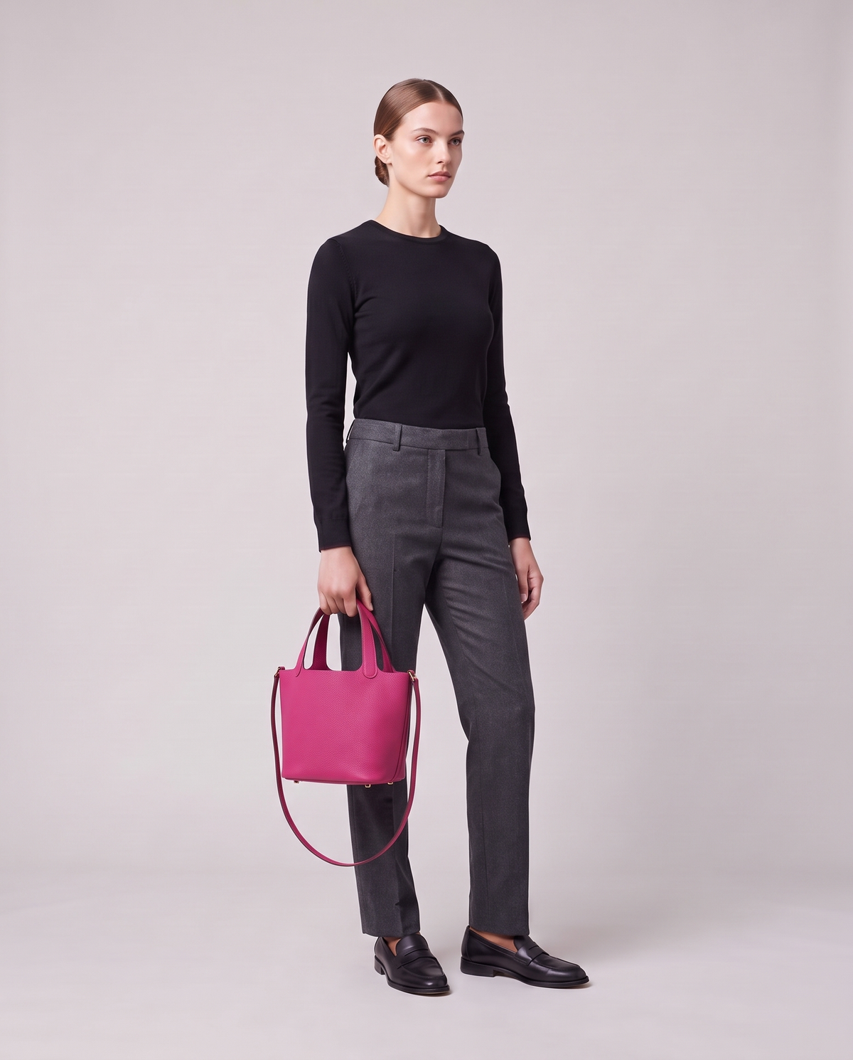 Model holding the Valentina Ostuni Small bag in Fuchsia, full length