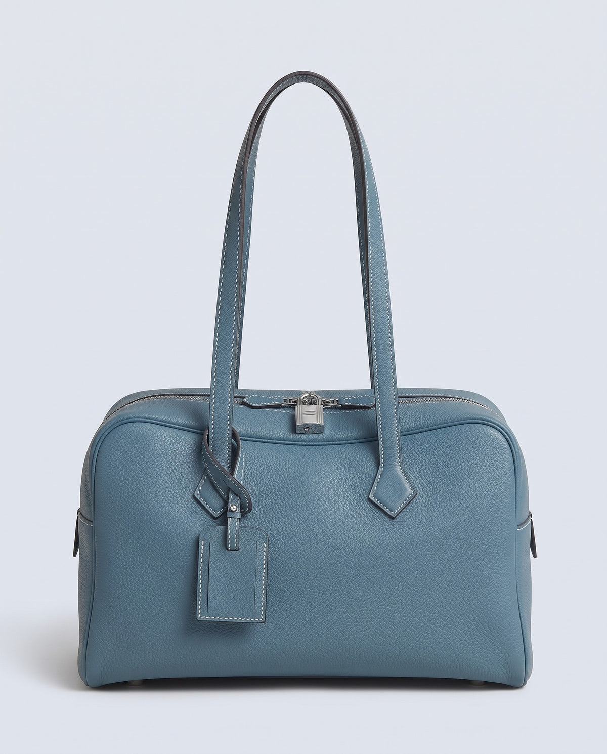 Portofino grained leather bowling bag in Denim – front view