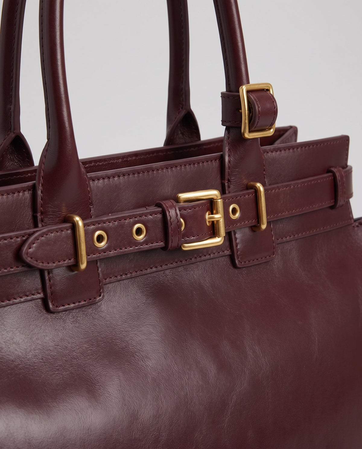 Gold buckle detail on the Spello top-handle bag in Burgundy