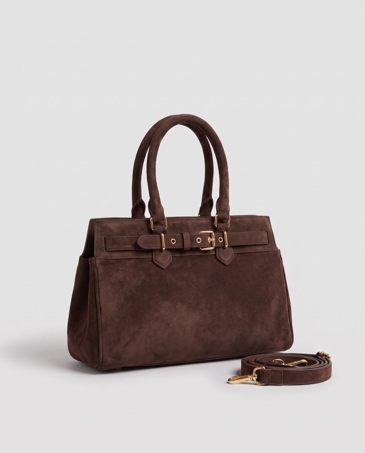 Spello suede cowhide top-handle bag in Chocolate – three-quarter view