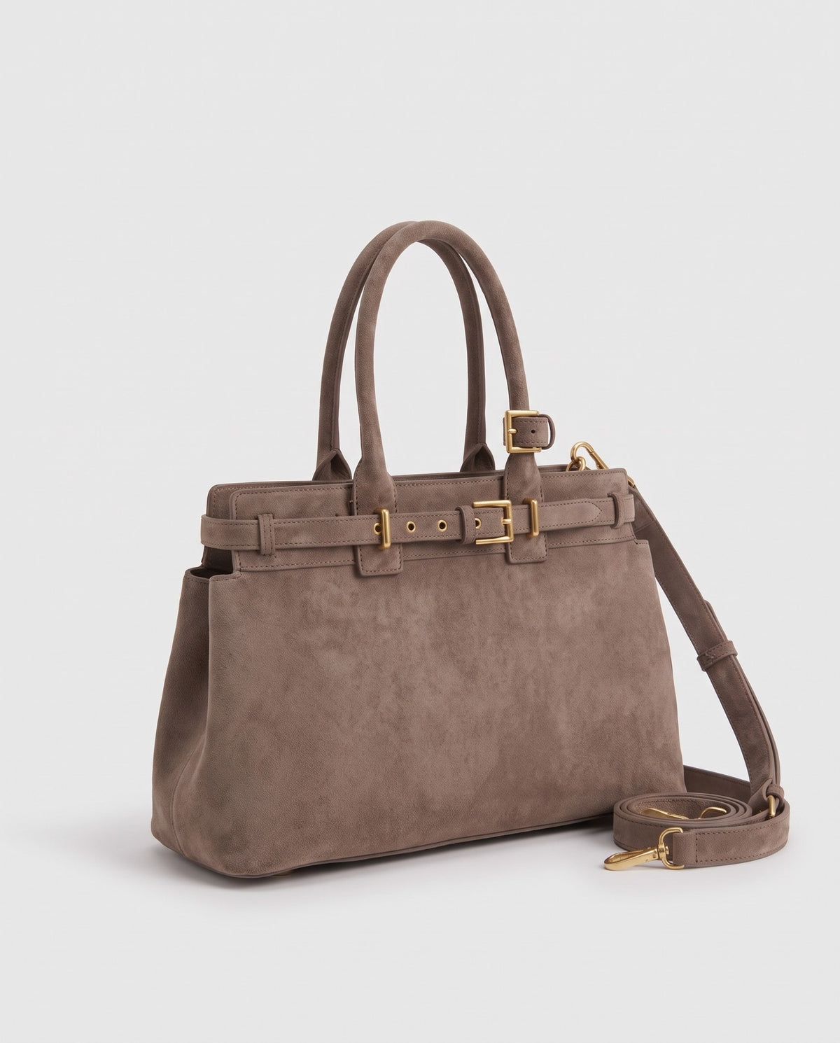Spello suede cowhide top-handle bag in Taupe – three-quarter view