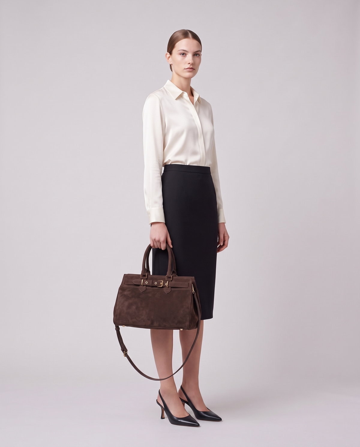 Model carrying the Spello top-handle bag in Camel