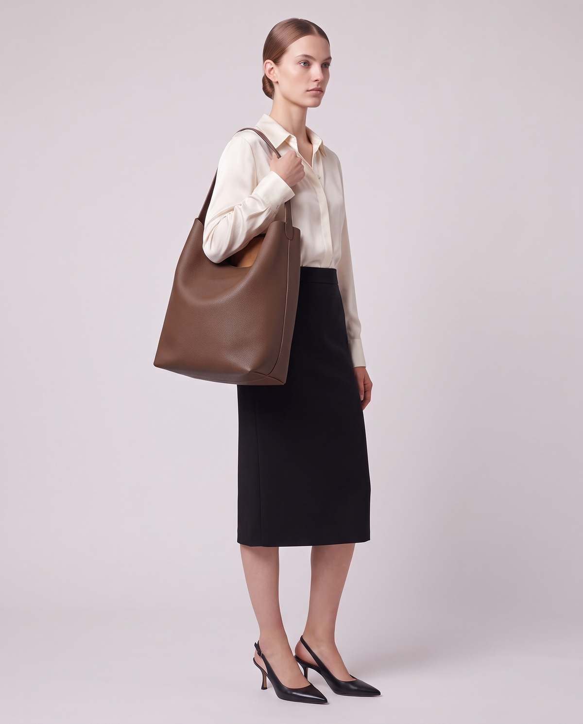 Model carrying the Valentina Tela Small bag in Brown