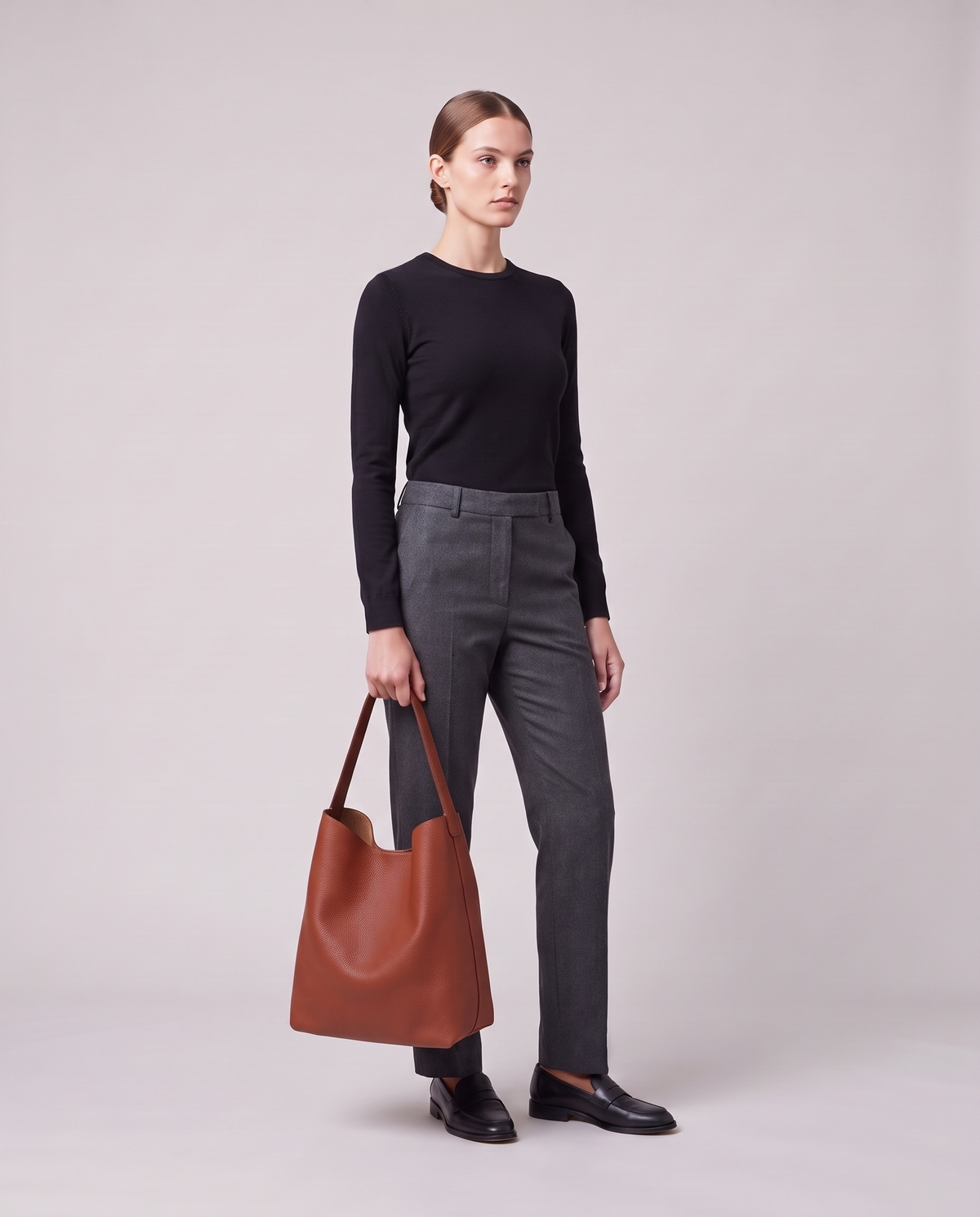 Model holding the Valentina Tela Small bag in Rust, full length