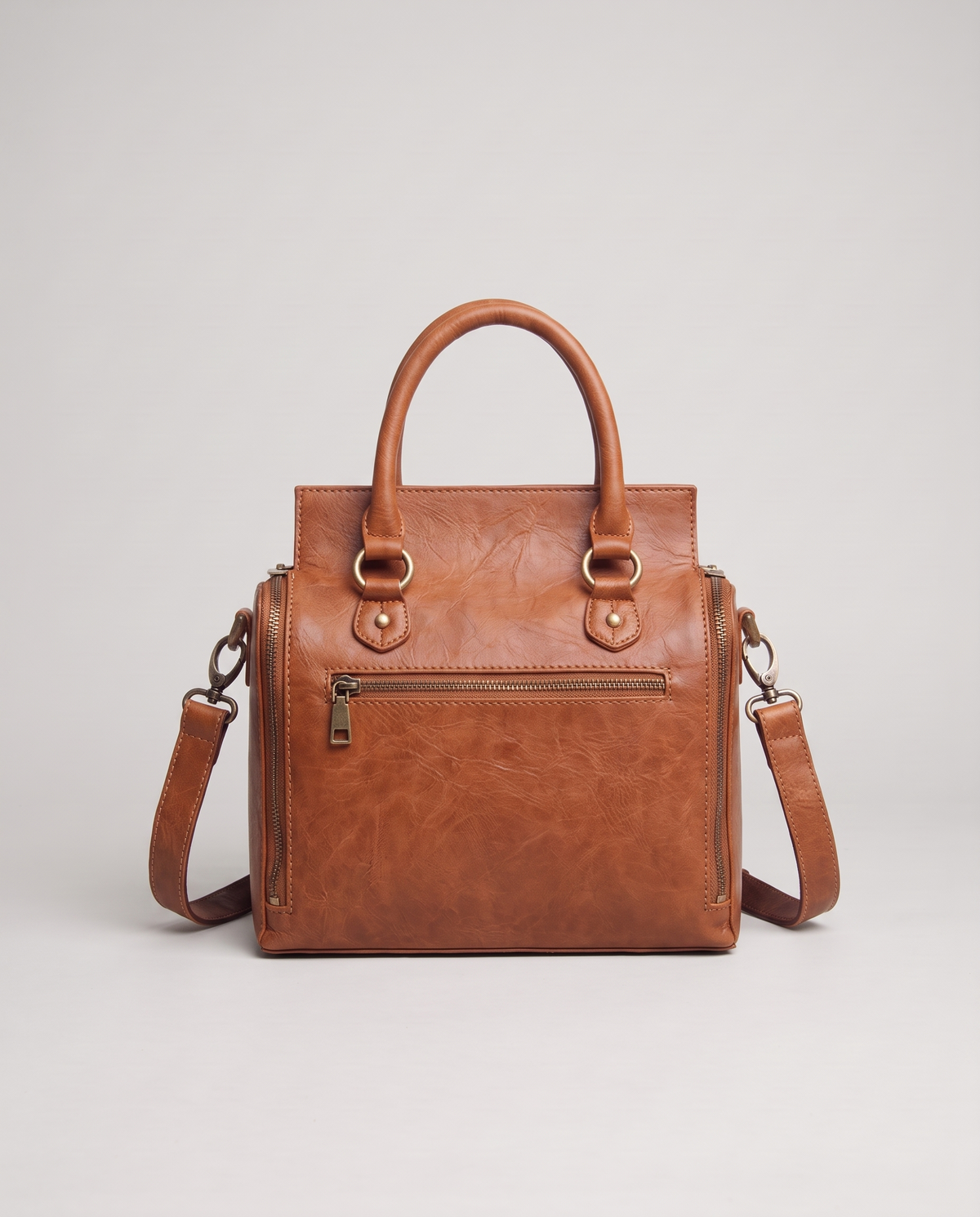 Terra leather satchel in Brown – back view with zip pocket