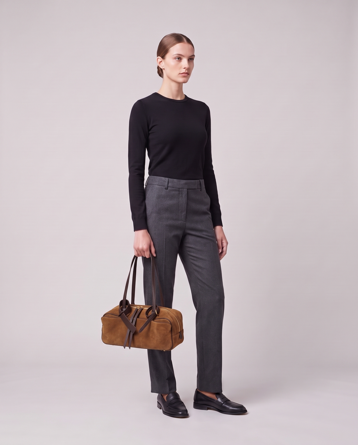 Model holding the Valentina Umbra Large bag in Camel, full length