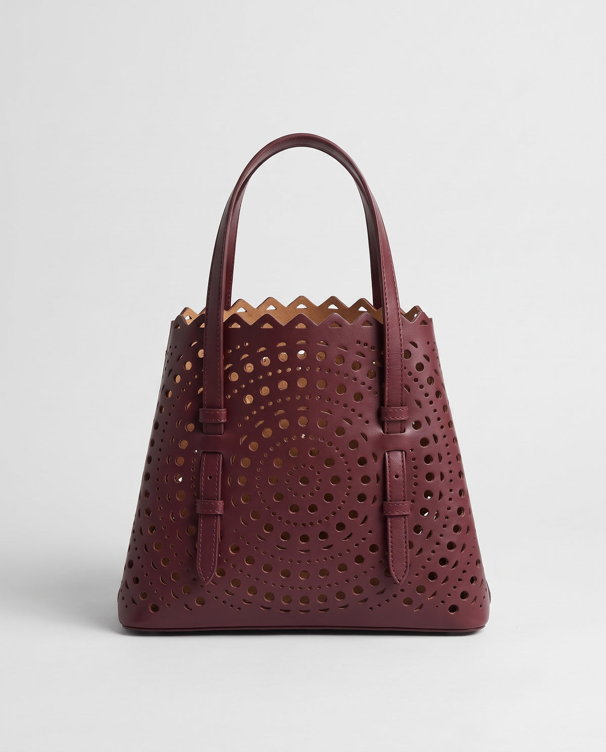 Hardware and handle detail on the Valentina Urbino Medium bag in Burgundy