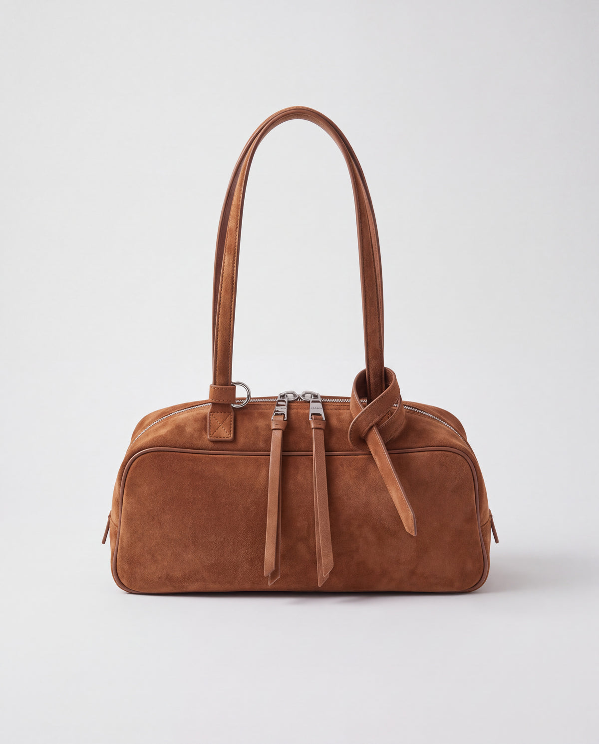 Valentina Linea suede shoulder bag in Brown, front view with knotted strap