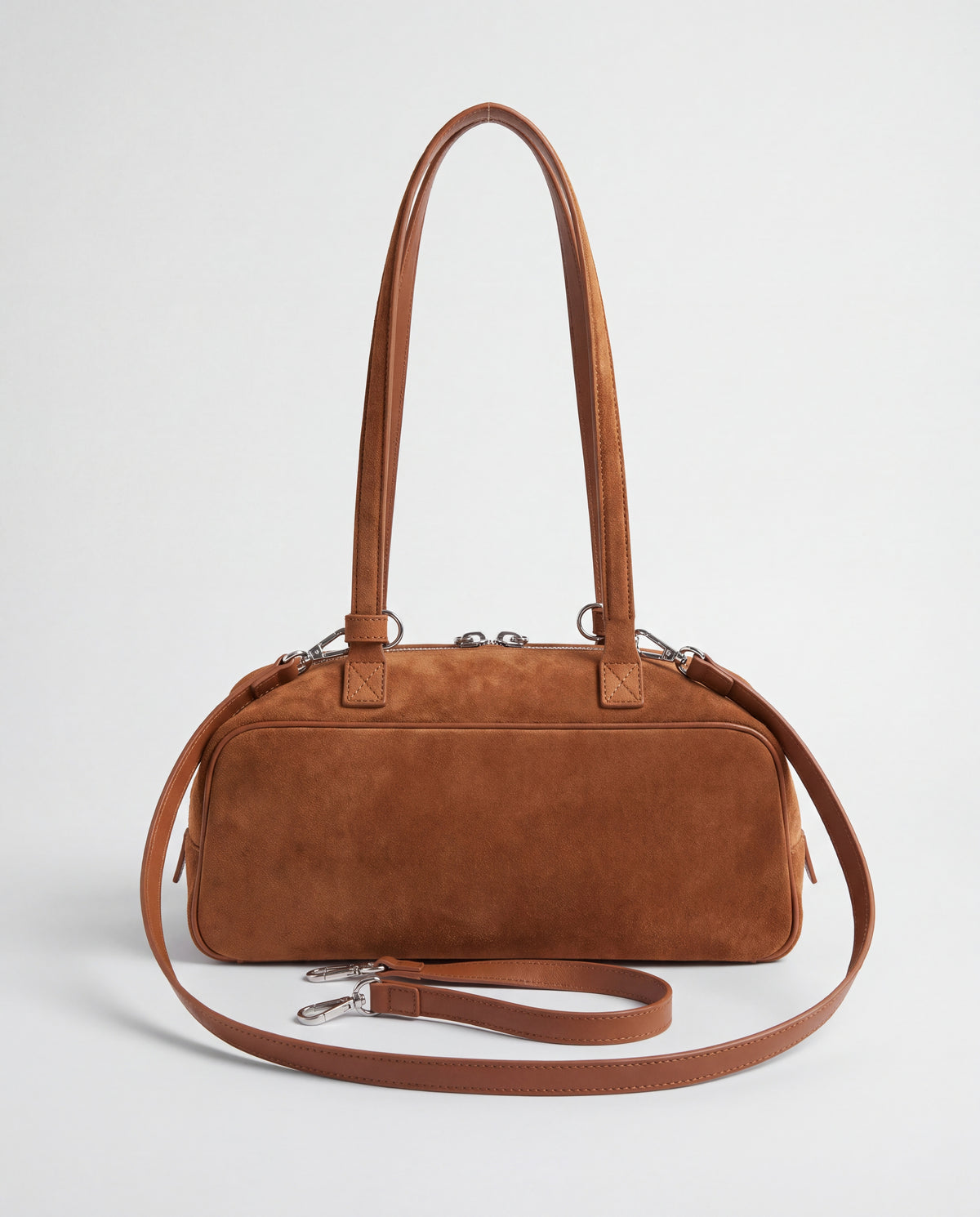 Back of the Valentina Linea suede bag in Brown with its detachable long strap