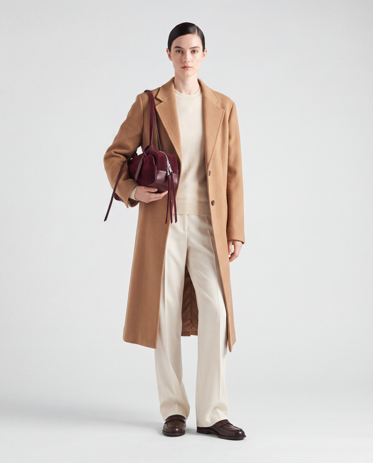 Model wearing the Valentina Linea suede shoulder bag in Burgundy on the shoulder