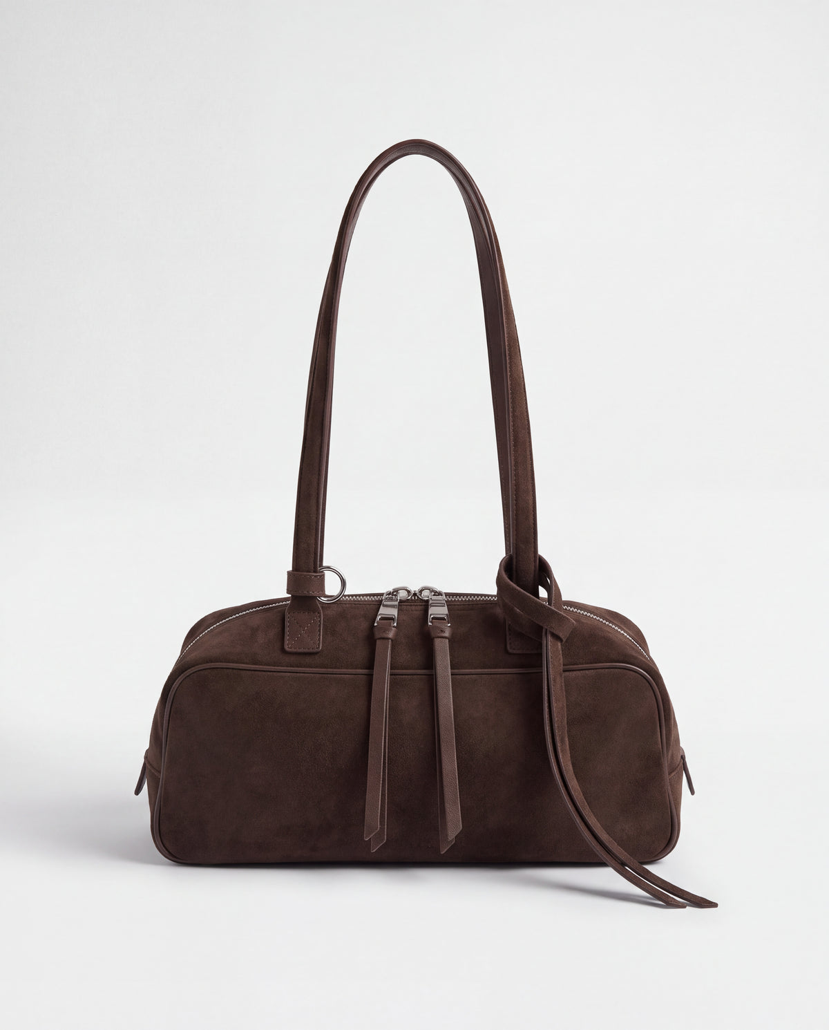 Valentina Linea suede shoulder bag in Chocolate, front view with knotted strap