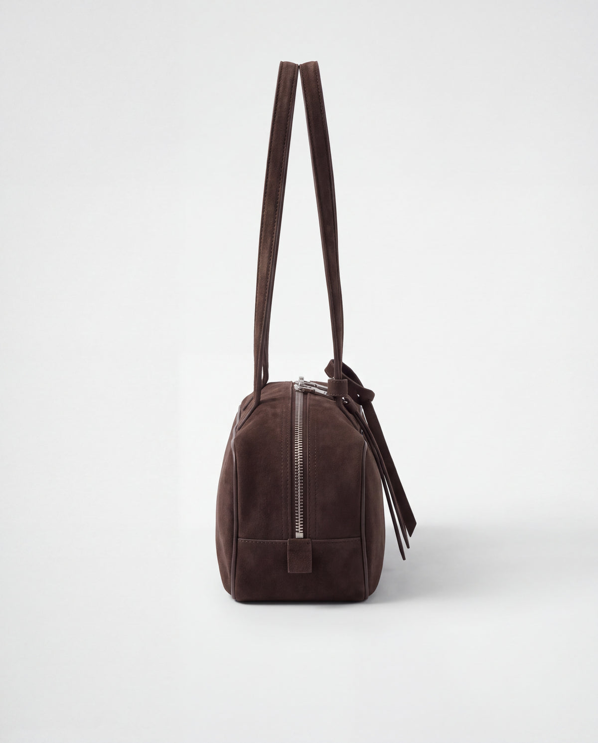 Valentina Linea suede shoulder bag in Chocolate, side view showing the end zip