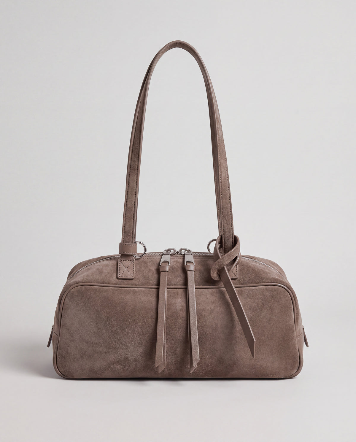 Valentina Linea suede shoulder bag in Taupe, front view with knotted strap