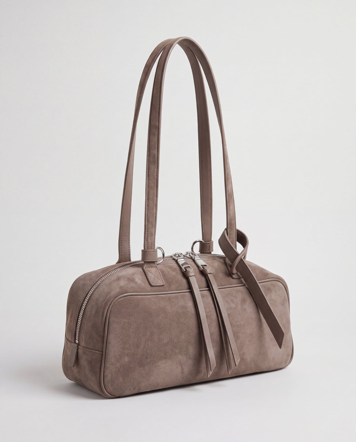 Valentina Linea suede shoulder bag in Taupe, three-quarter view
