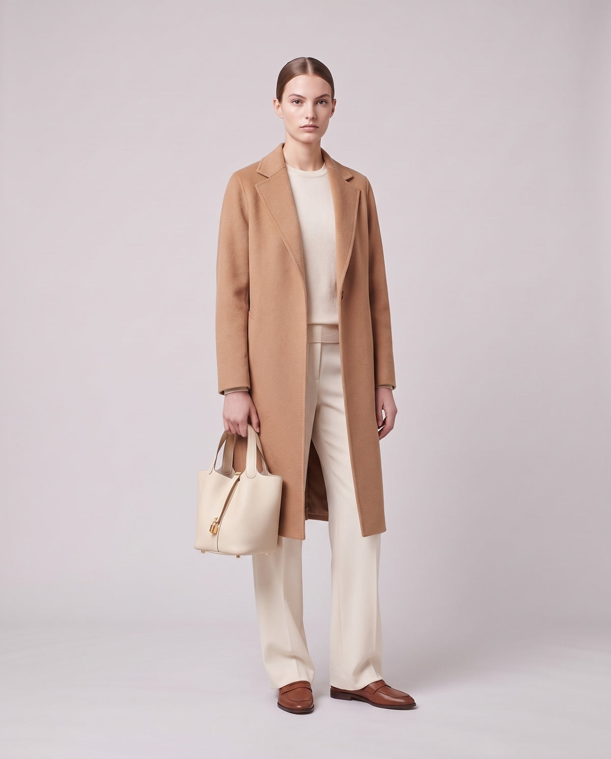 Model holding the Valentina Ostuni Large bag in Cream, full length