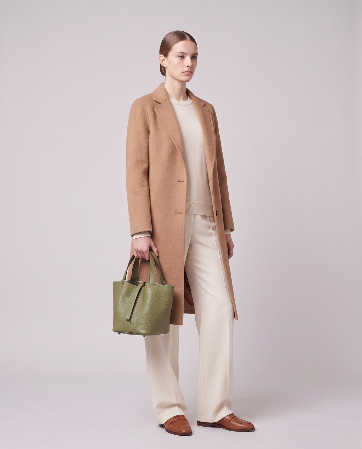 Model carrying the Valentina Ostuni Large bag in Sage