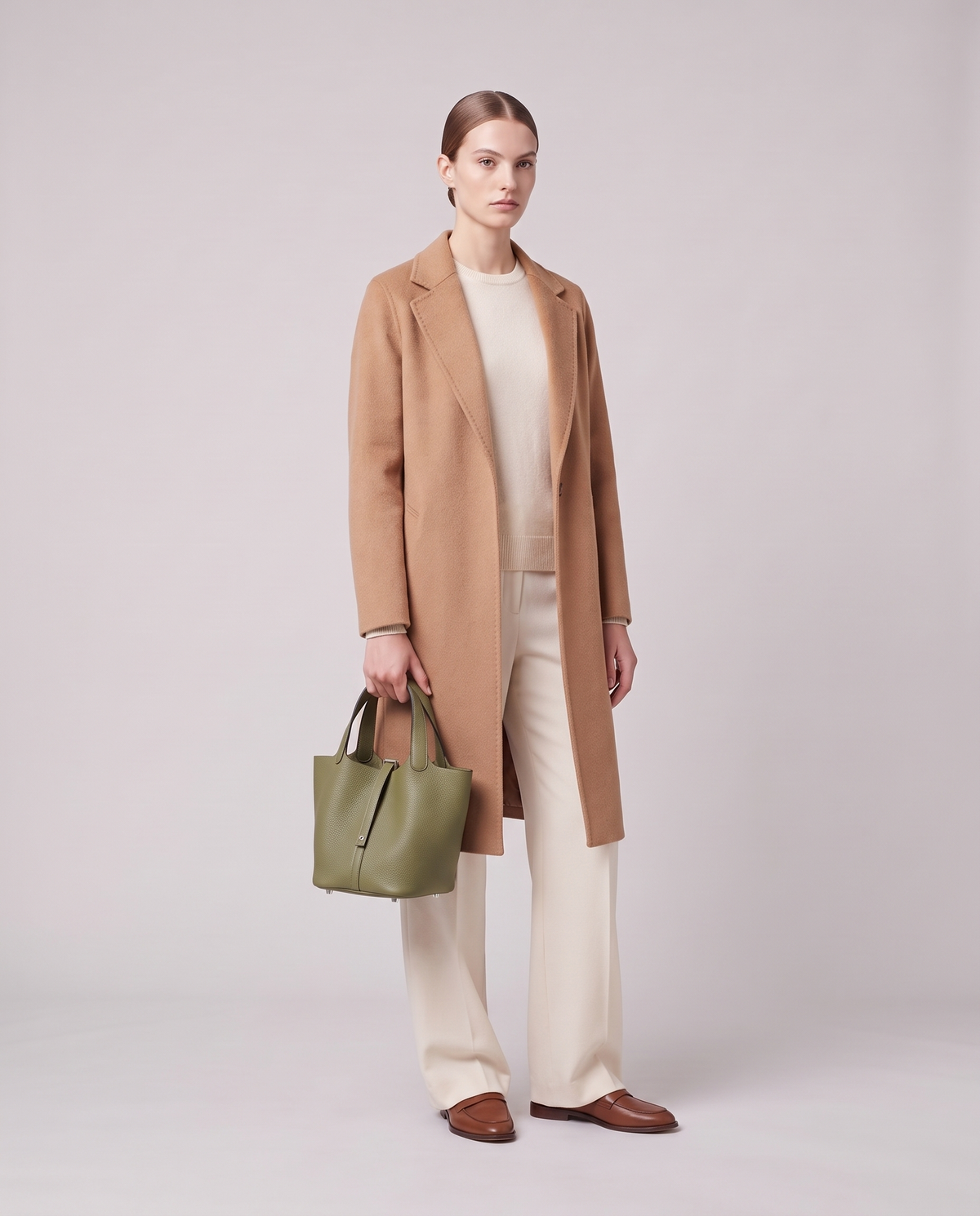 Model holding the Valentina Ostuni Large bag in Sage, full length