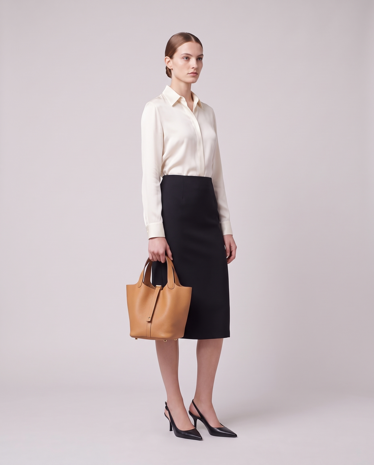 Model carrying the Valentina Ostuni Large bag in Tan