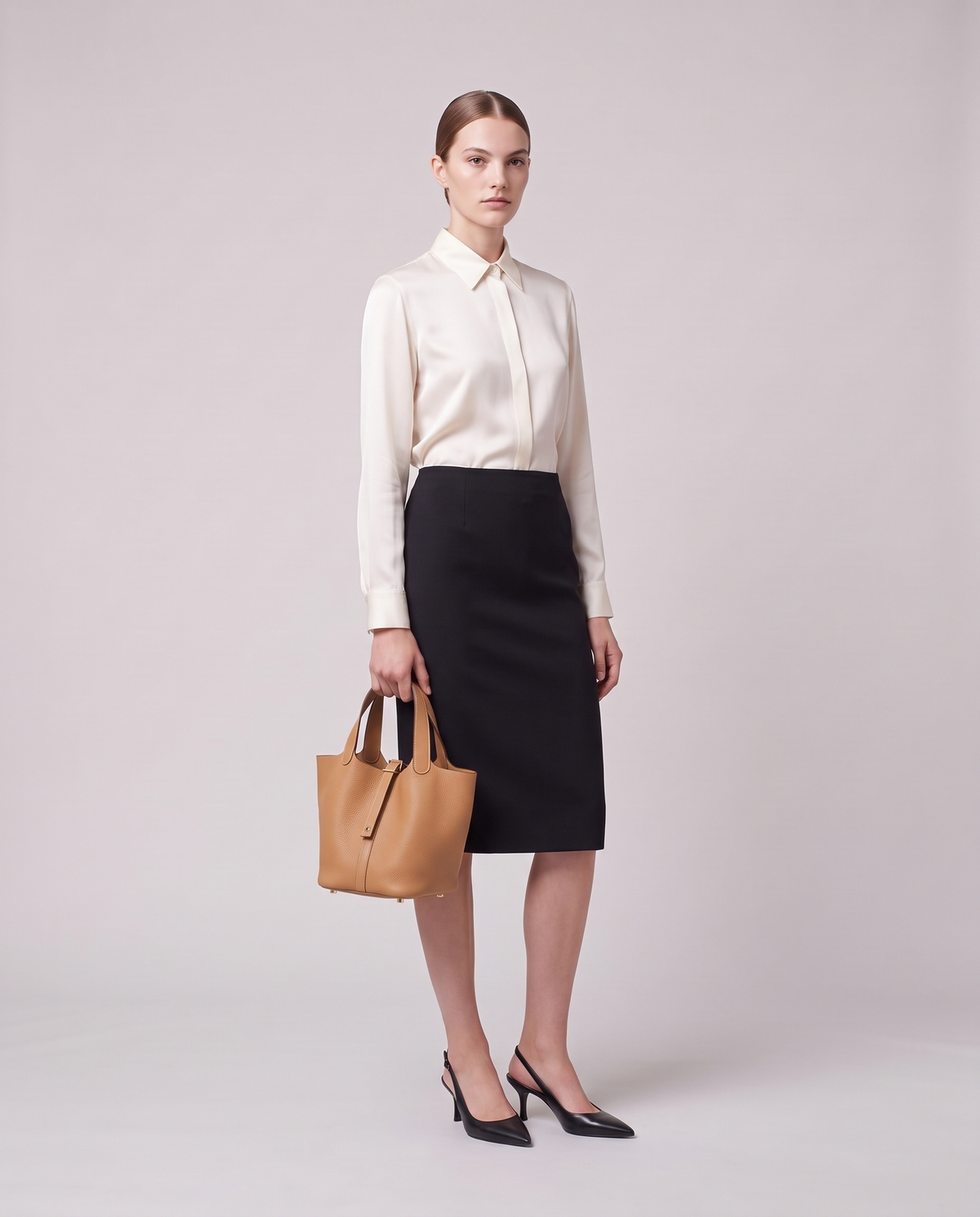 Model holding the Valentina Ostuni Large bag in Tan, full length