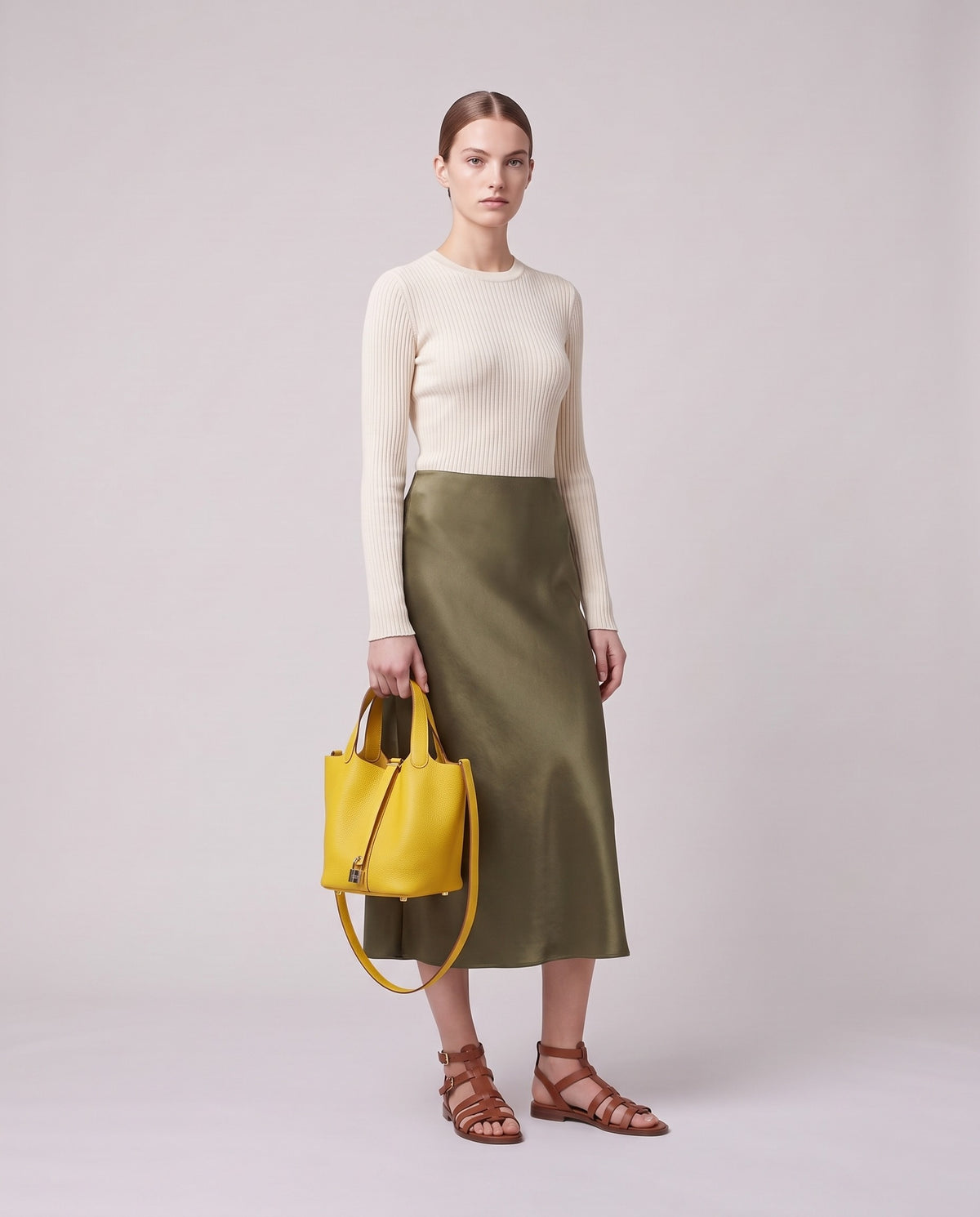 Model holding the Valentina Ostuni Large bag in Yellow, full length