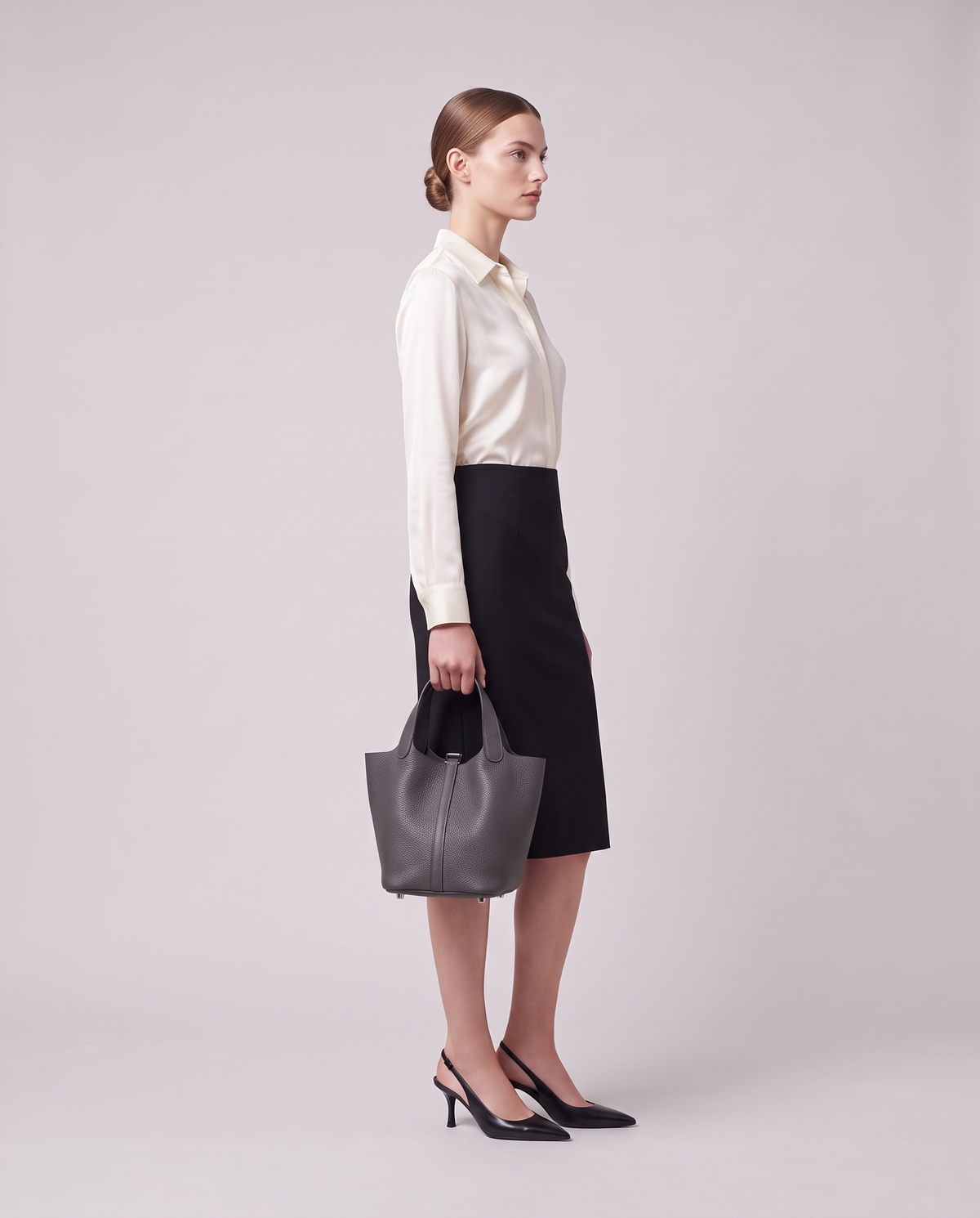 Model carrying the Valentina Ostuni Small bag in Grey