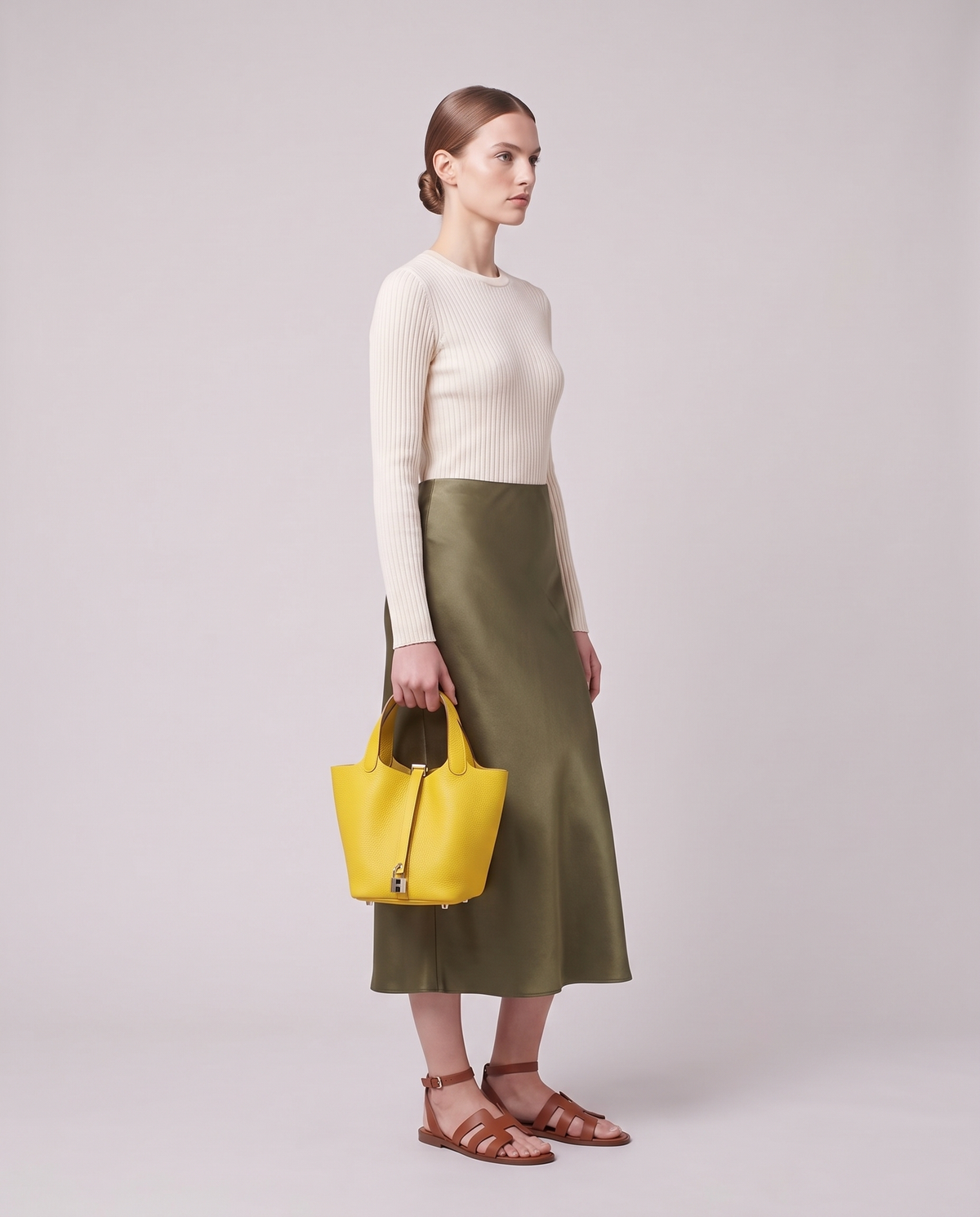 Model carrying the Valentina Ostuni Small bag in Yellow