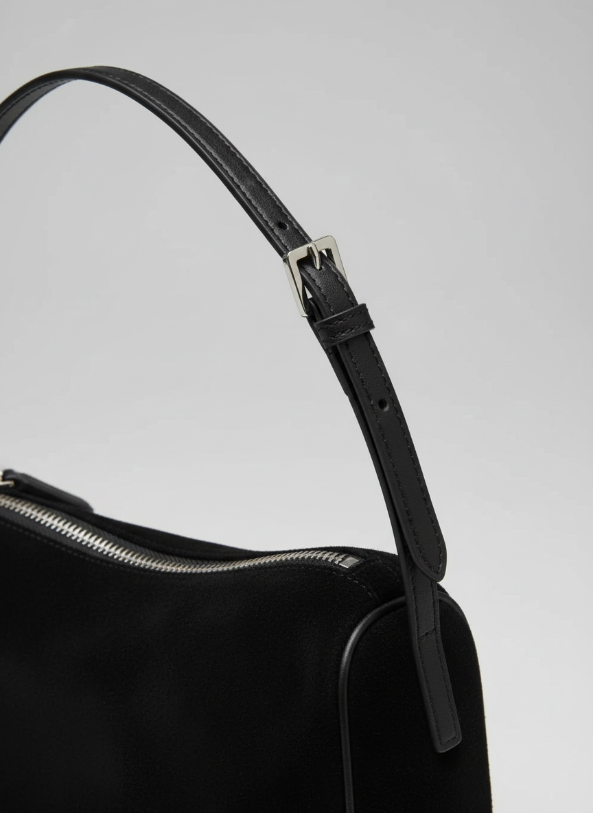 Valentina Roma barrel bag in black suede, close up of the zip and strap hardware