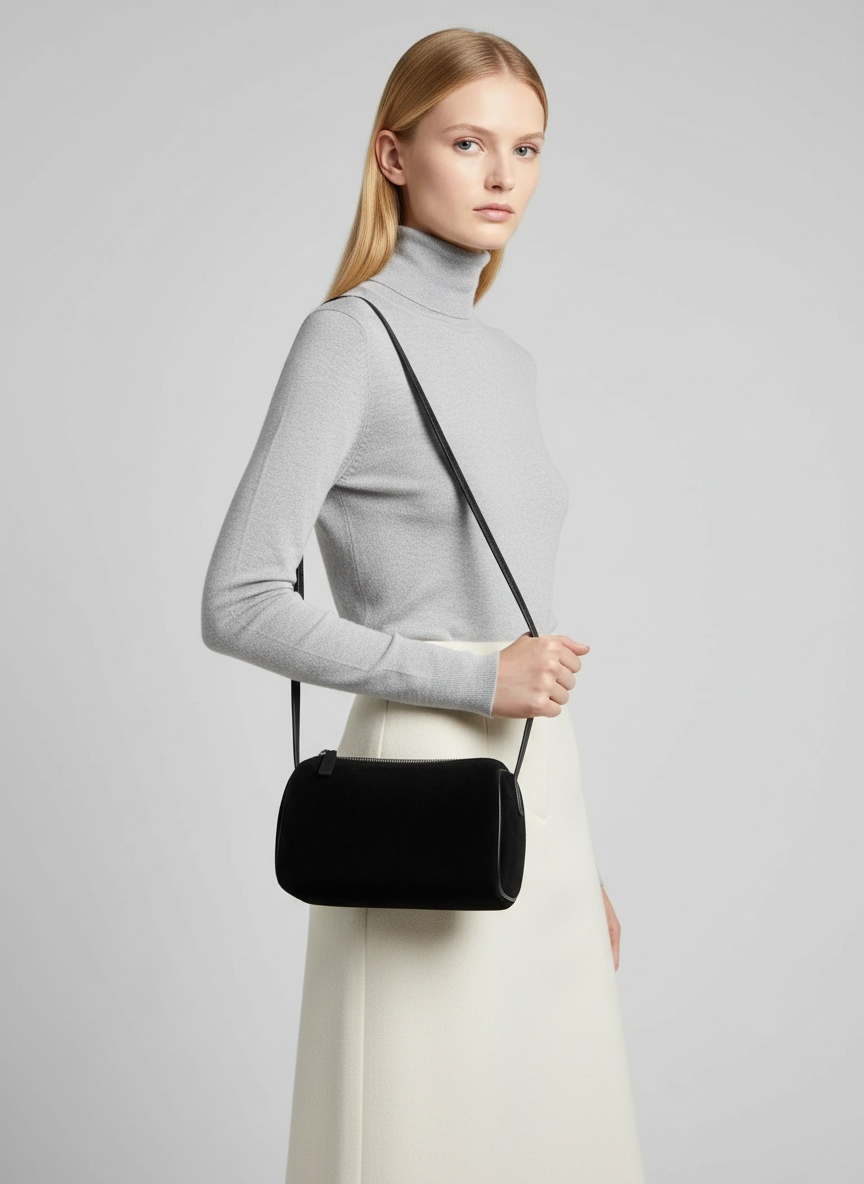 Model carrying the Valentina Roma barrel bag in black suede at the hip