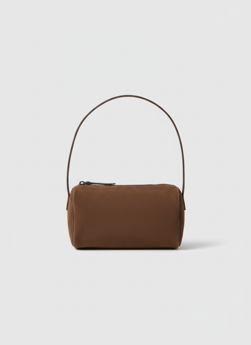 Valentina Roma barrel bag in chocolate suede, front view