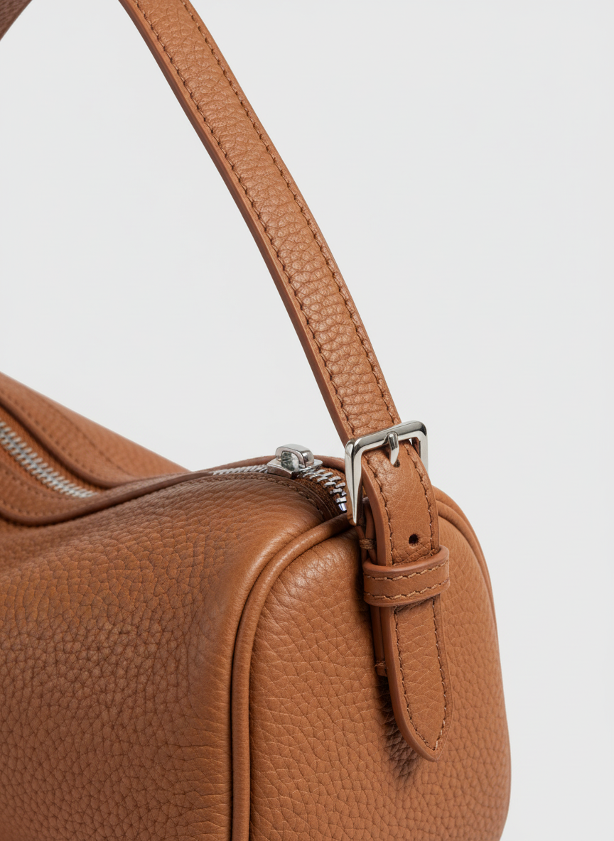 Valentina Roma barrel bag in cognac leather, close up of the zip and buckle
