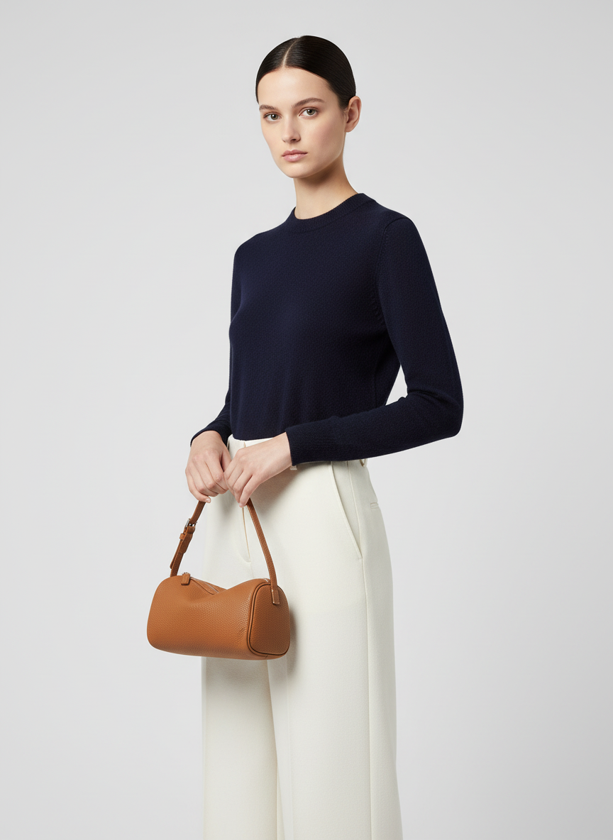 Model carrying the Valentina Roma barrel bag in cognac leather by its top handle