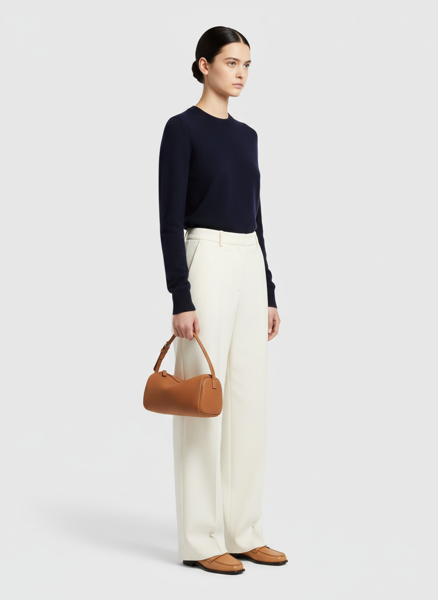 Model holding the Valentina Roma barrel bag in cognac leather, full length