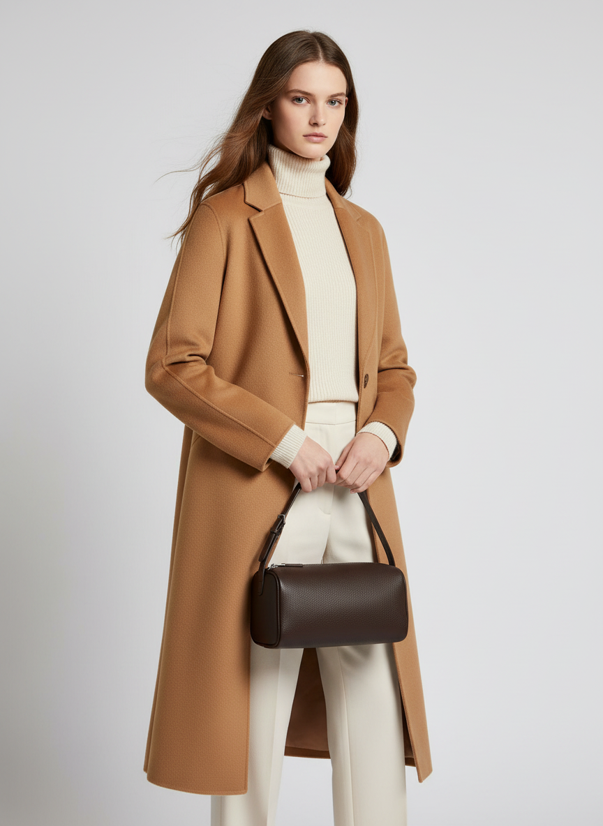 Model carrying the Valentina Roma barrel bag in espresso leather by its top handle