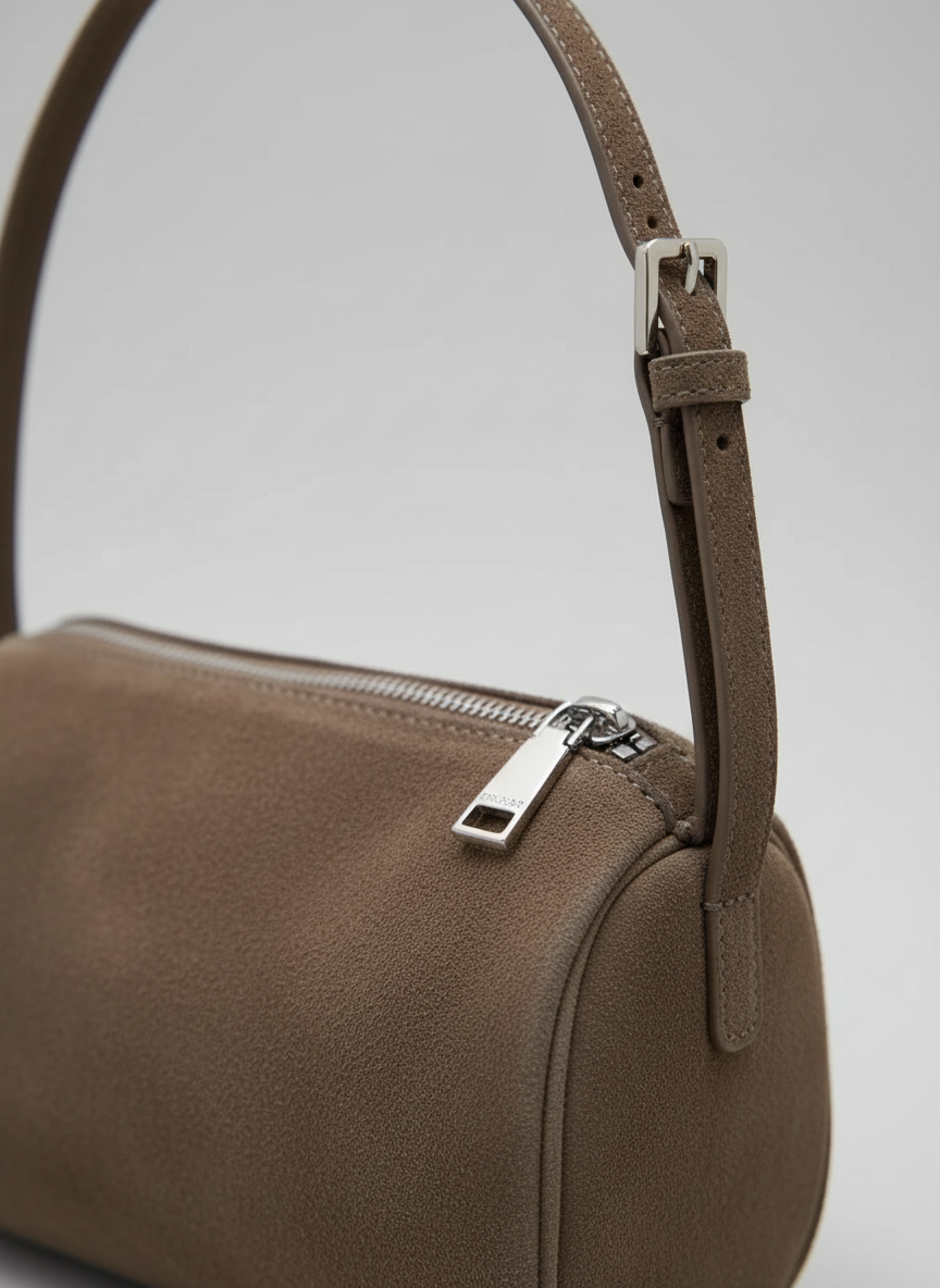 Valentina Roma barrel bag in grey suede, close up of the zip and strap hardware