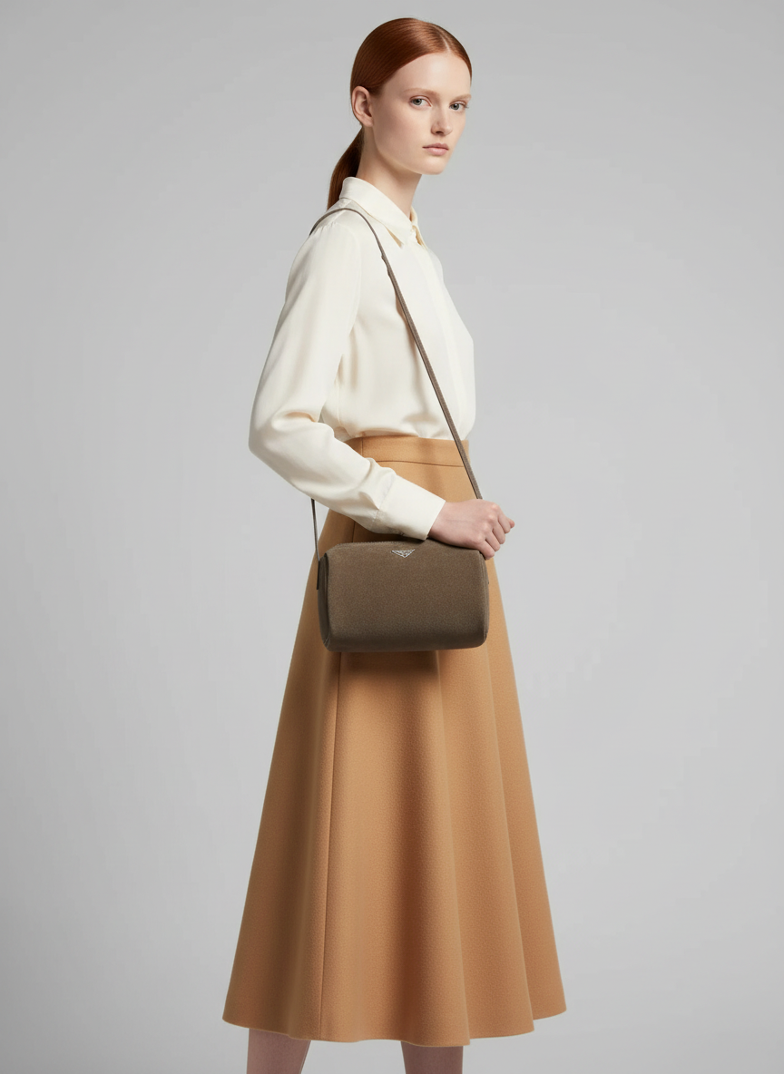 Model carrying the Valentina Roma barrel bag in grey suede at the hip