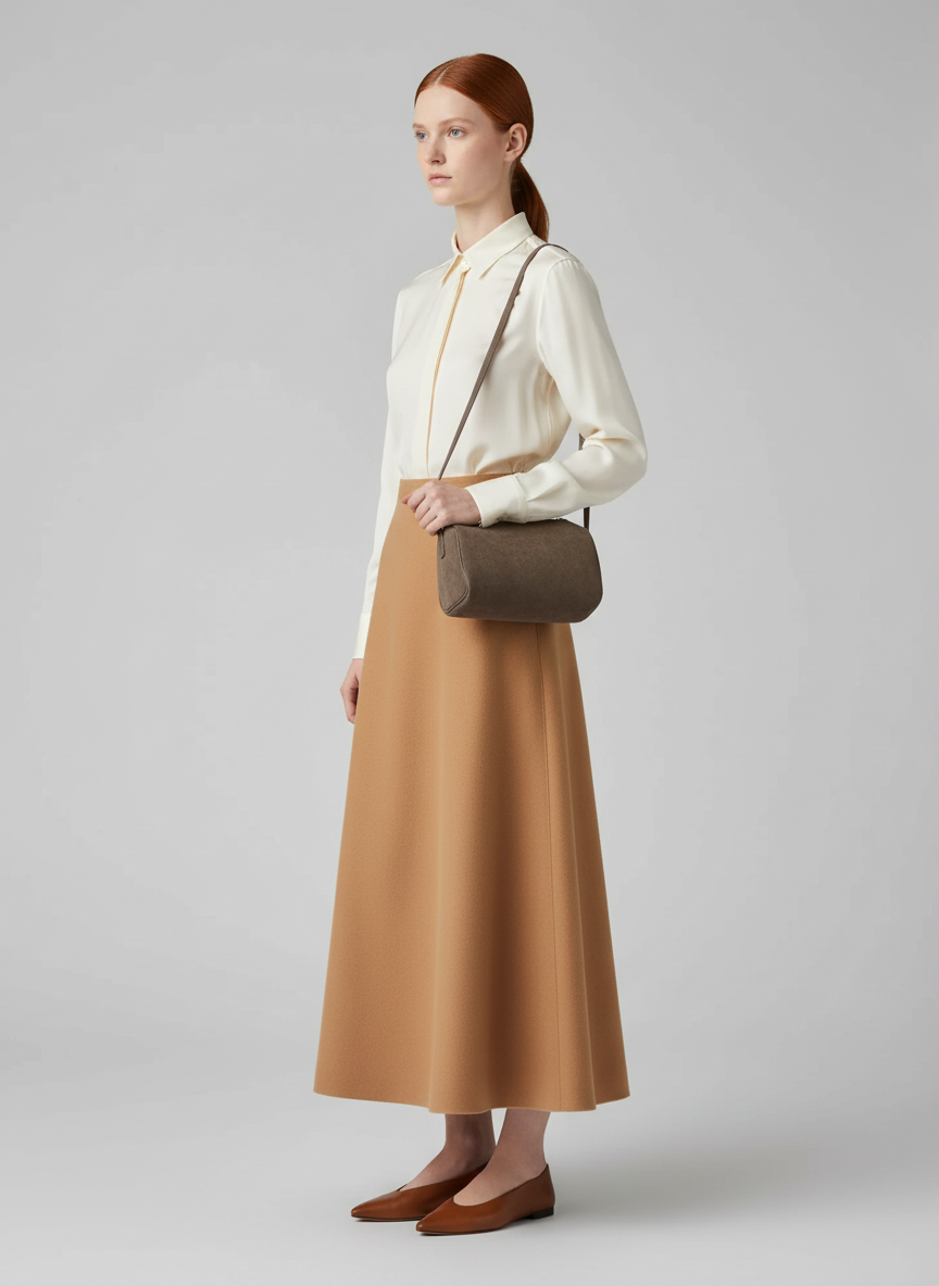 Model wearing the Valentina Roma barrel bag in grey suede on the shoulder strap
