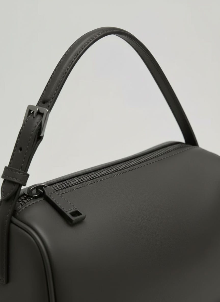 Valentina Roma barrel bag in charcoal leather, close up of the zip and handle
